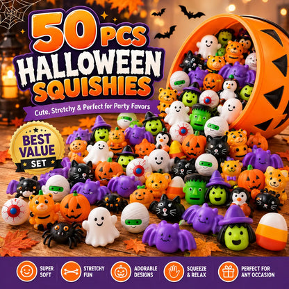 50PCS Halloween mochi squishy toys in assorted spooky characters