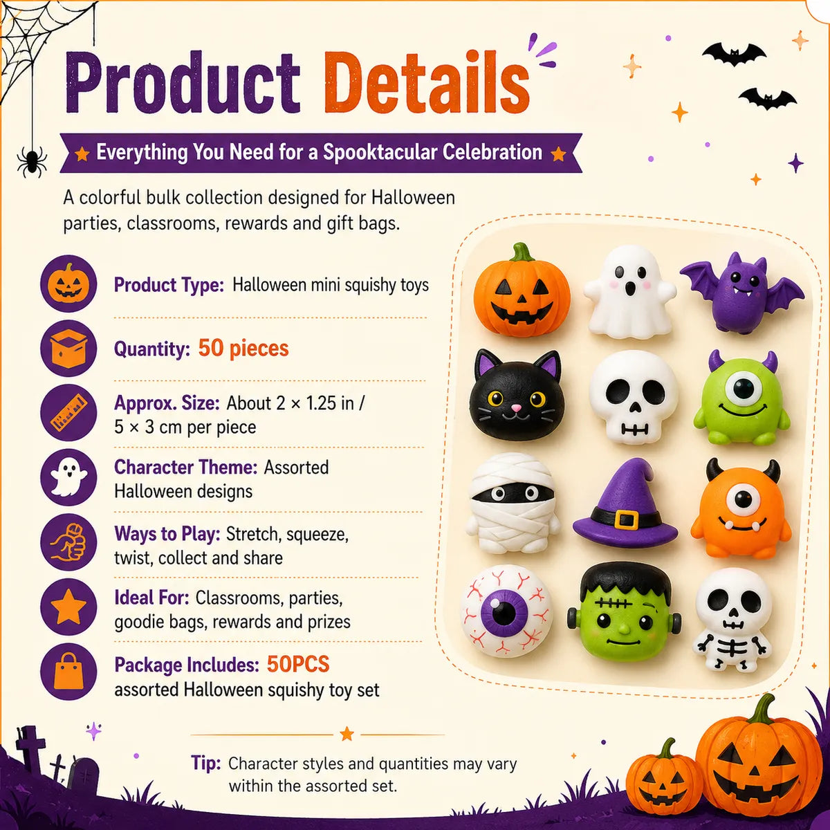 50PCS Halloween mochi squishy toys in assorted spooky characters – image 10