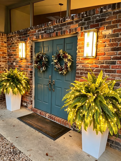 Customer photo of lighted ferns on a front porch