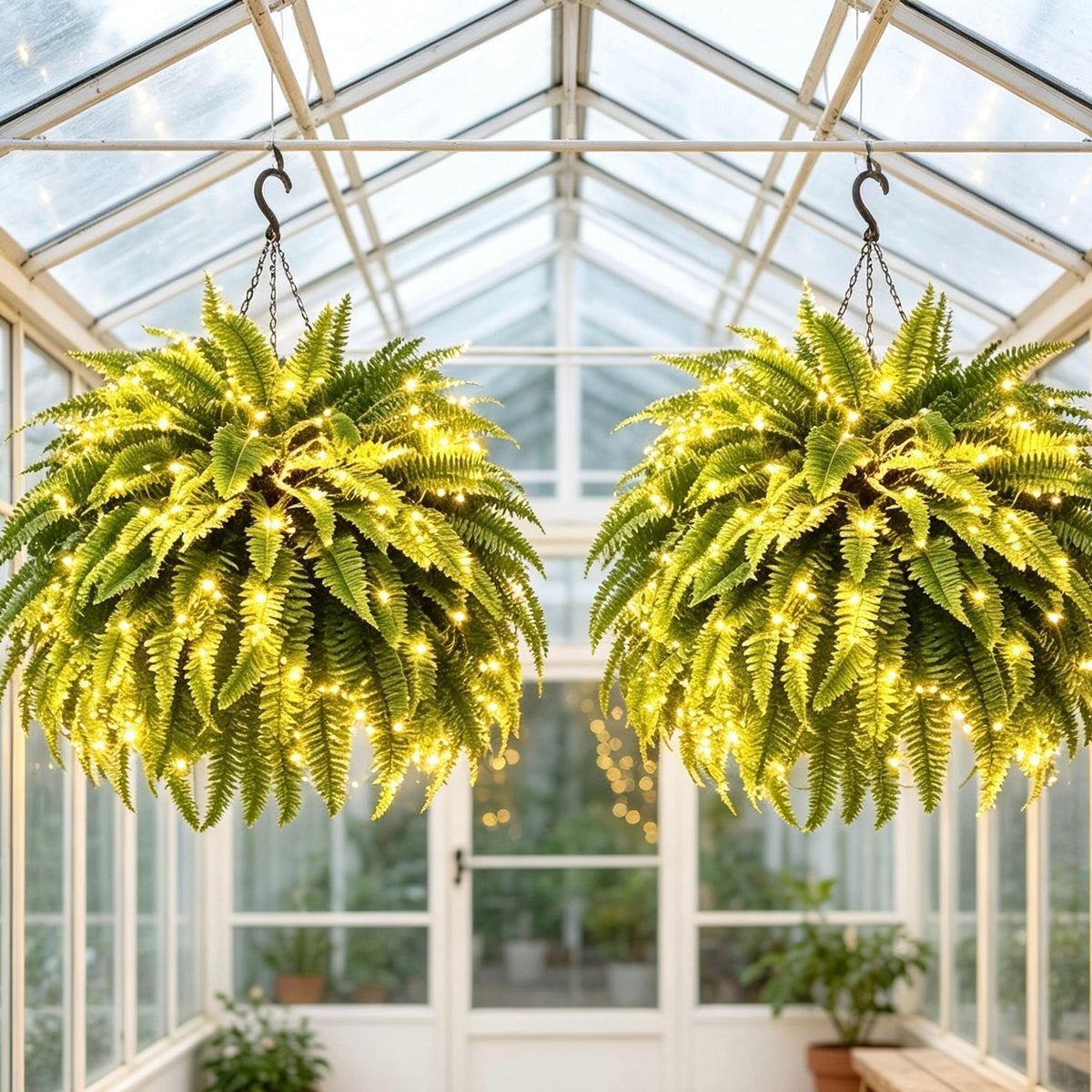 Lighted Boston ferns in a bright indoor space