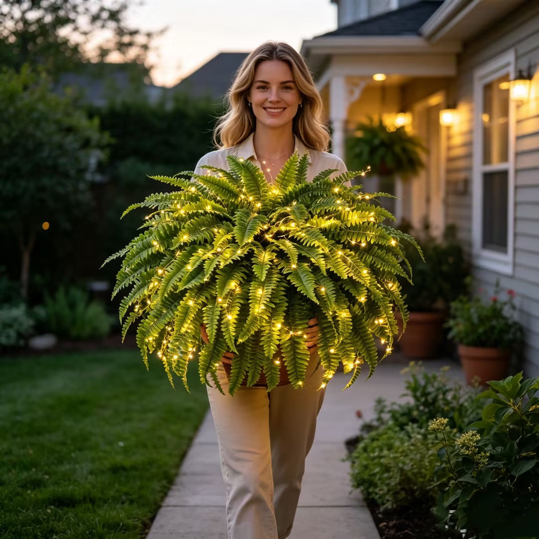 Lighted Boston fern evening scene