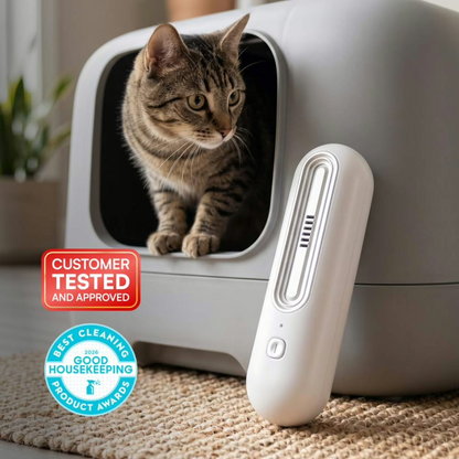 OzoFreshen cordless deodorizer beside a cat litter box