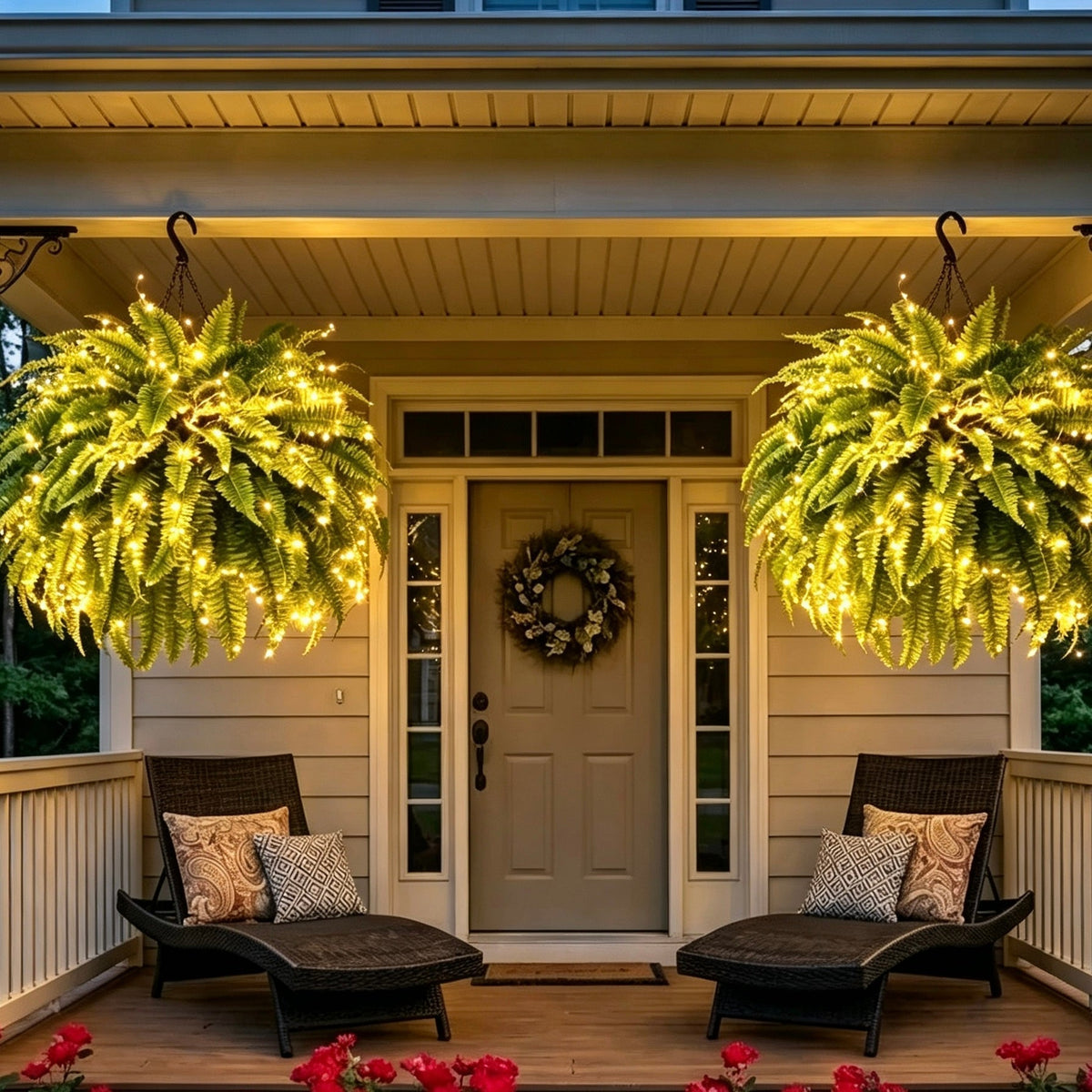 Pair of lighted Boston ferns at a front door