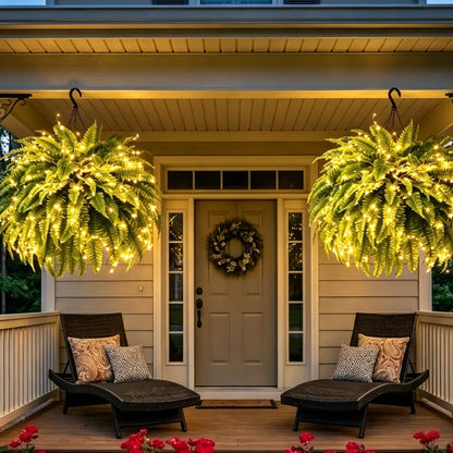 Pair of lighted Boston ferns at a front door