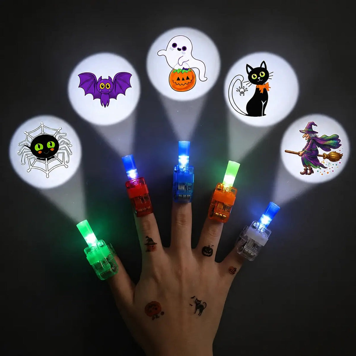 Halloween characters projected from finger lights